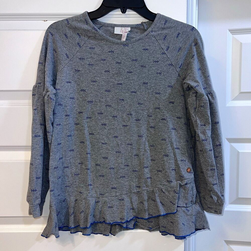 Matilda Jane Girls 14 Gray/Blue Geometric Long Sleeve Tunic Tee Ruffle EUC